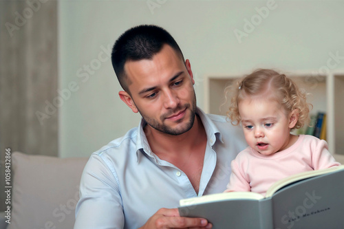 Father reading a book to his toddler daughter, showcasing a warm and loving moment at home