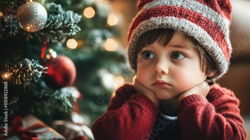 A little boy wearing a Christmas hat sits beside a Christmas tree, appearing sad as he awaits the moment to open presents, creating a heartfelt holiday scene with ample copy space.