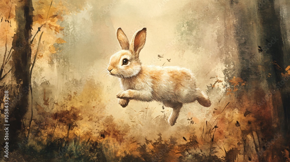A Whimsical Rabbit Leaps Through the Autumn Forest A Whimsical Rabbit Leaps Through the Autumn Forest