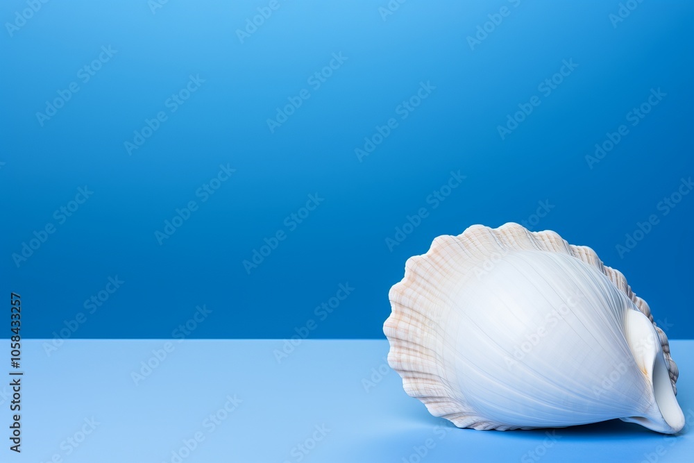 A large conch shell rests elegantly on a pastel blue surface against a vibrant blue background A large conch shell rests elegantly on a pastel blue surface against a vibrant blue background