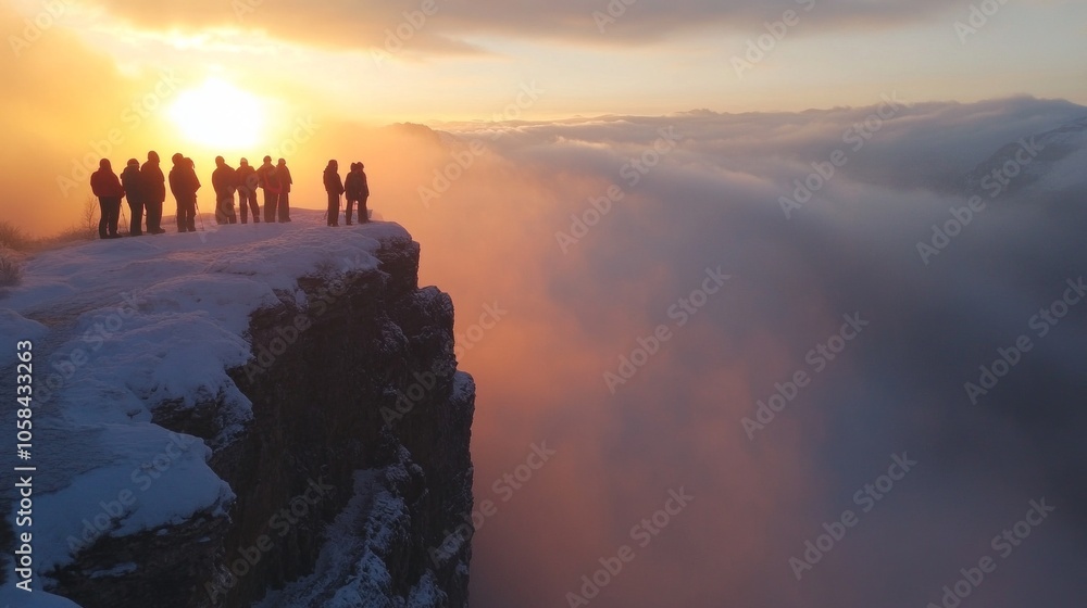 Fototapeta premium Tourists are camping along the edge of a cliff with a stunning view of thick morning mist blanketing the valley below, as the sun rises on the horizon, casting a warm, golden glow across the landscape