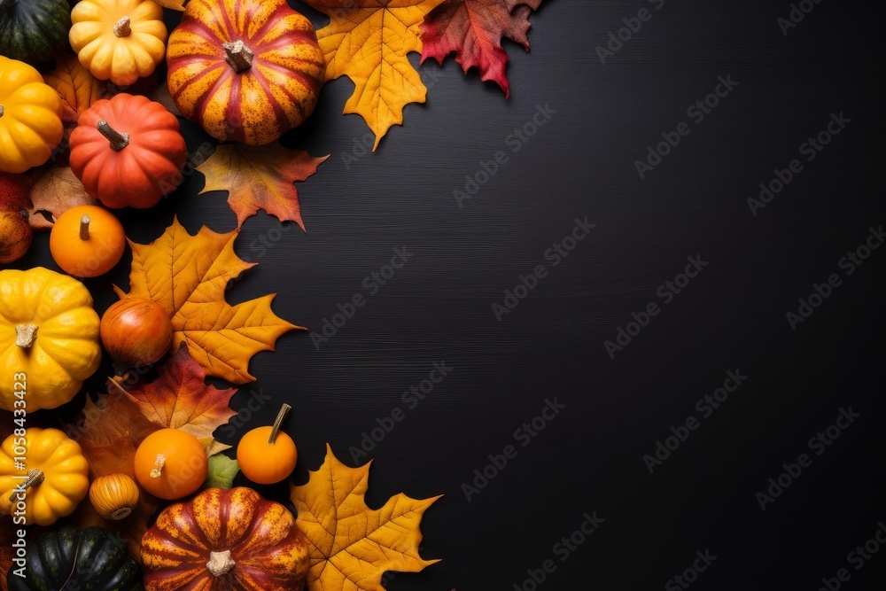 Autumn Pumpkins, Leaves on Black Background
Autumn Pumpkins, Leaves on Black Background