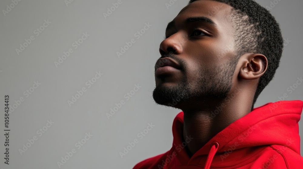 Close-up portrait of a handsome young black man in a red hoodie gazing into the distance, set against a gray background, with ample copy space for text or design elements. Close-up portrait of a handsome young black man in a red hoodie gazing into the distance, set against a gray background, with ample copy space for text or design elements.