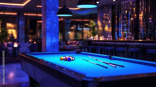 A blue pool table with a few balls on it