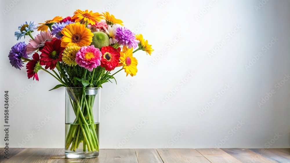 Fototapeta premium Colorful bouquet of long-stemmed flowers in a clear glass vase with a simple white background, flower arrangement, colorful blooms, birthday flowers
