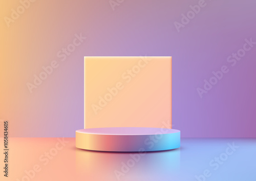 Modern 3D colorful podium with yellow square backdrop set against a gradient background, product display and mockup, showrooms, branding