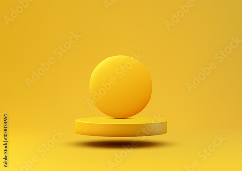 Yellow Floating Sphere on 3D Cylinder Platform in Vibrant Yellow Space, Modern Minimalist Product Display and Mockup Design
