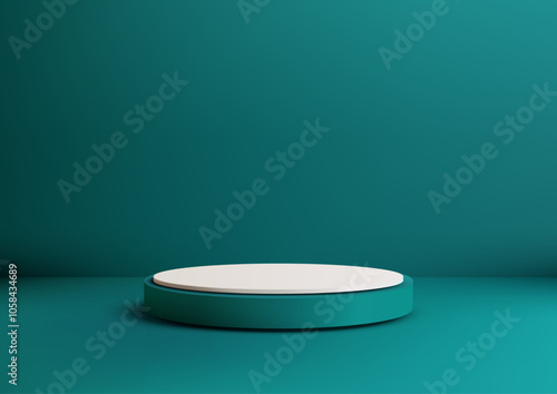 3D White Circular Platform on Teal Cylinder Podium, Modern Minimalist Design for Product Display and Showcasing Artwork