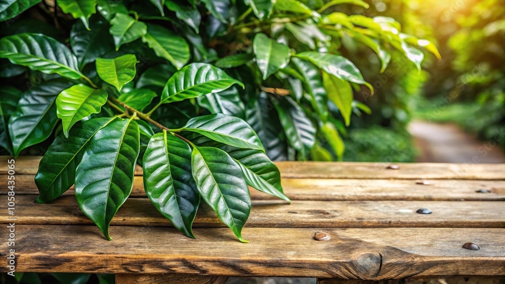 Coffee plant leaves on a wooden bench in a rustic outdoor setting, rustic furniture, botanical garden, nature, wooden bench Coffee plant leaves on a wooden bench in a rustic outdoor setting, rustic furniture, botanical garden, nature, wooden bench