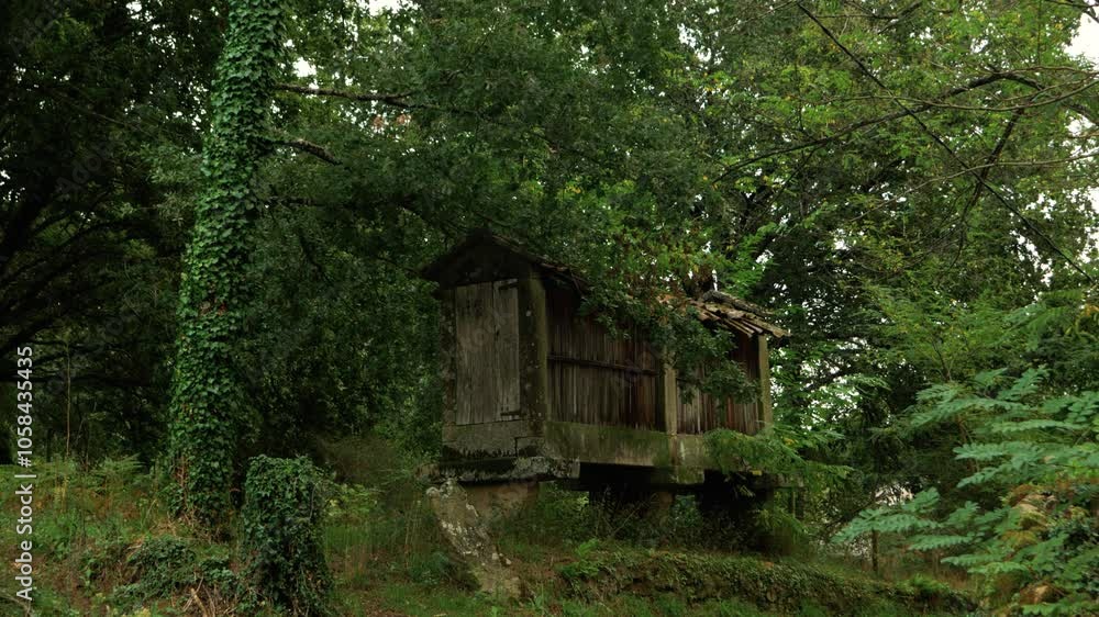 Traditional stone hórreo storage building surrounded by greenery in Coles, Ourense, Galicia, Spain