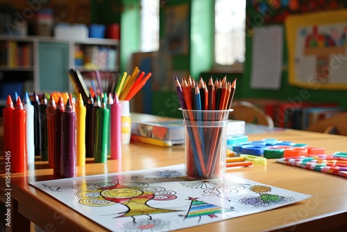 Art supplies arranged on a table in a colorful classroom during a creative activity for children