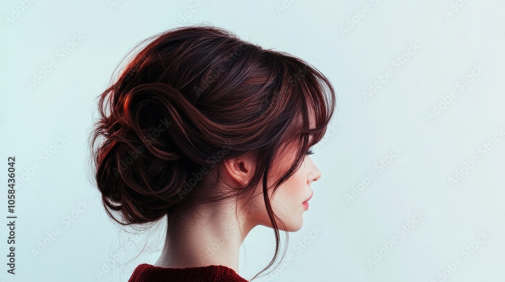 Woman with styled hair against a white background, emphasizing her elegant hairstyle. The photo captures the essence of modern hair styling, perfect for beauty-related themes. Woman with styled hair against a white background, emphasizing her elegant hairstyle. The photo captures the essence of modern hair styling, perfect for beauty-related themes.