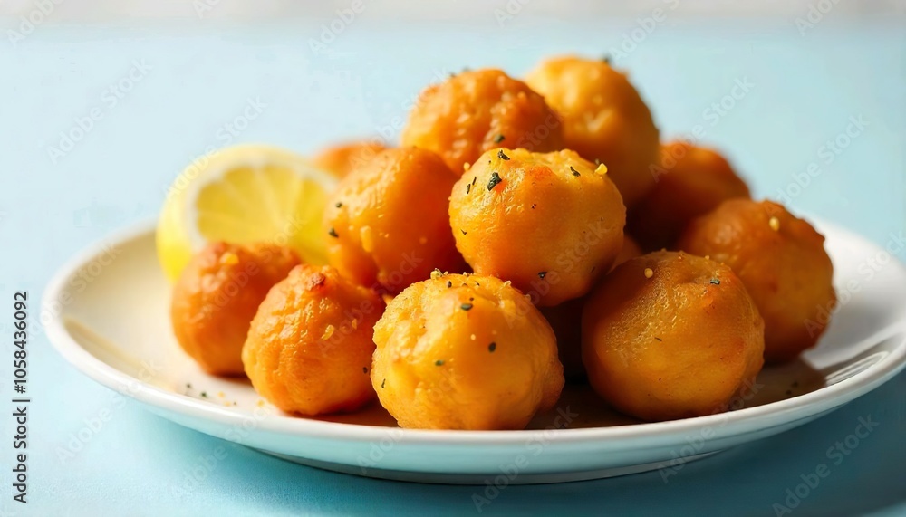 A plate of deep-fried golden brown hush puppies or fritters, with a crispy exterior and a soft, fluffy interior, white background A plate of deep-fried golden brown hush puppies or fritters, with a crispy exterior and a soft, fluffy interior, white background