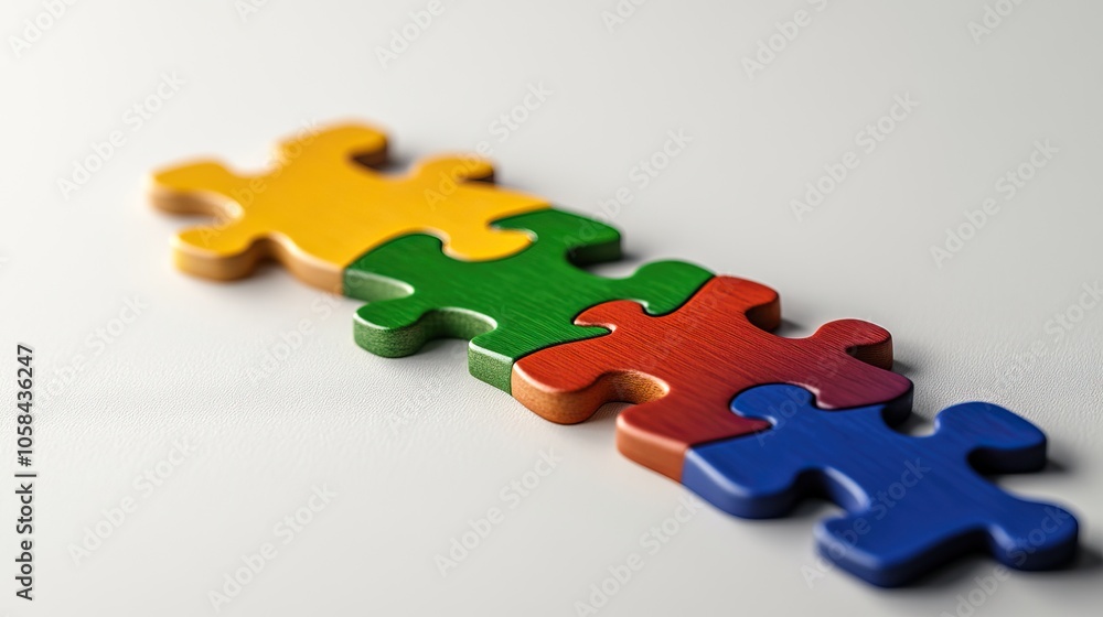 Fototapeta premium A close-up image of colorful puzzle pieces arranged in a line, showcasing vibrant colors and smooth surfaces, symbolizing connection and problem-solving.