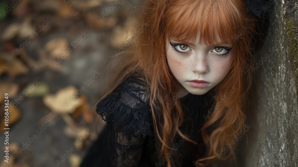 Fototapeta premium Redhead girl in a Halloween vampire costume outdoors, embodying the spirit of Halloween with a playful yet spooky vibe, perfect for themed imagery. Ample photo style copy space included.