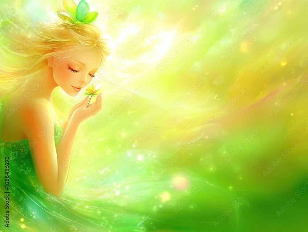Fototapeta premium A serene illustration of a girl in a green dress, surrounded by a magical, glowing environment.
