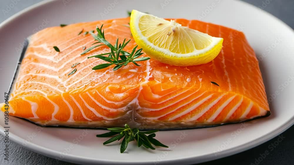 Fresh salmon fillet garnished with lemon and herbs,healthy meals and gourmet cooking. Fresh salmon fillet garnished with lemon and herbs,healthy meals and gourmet cooking.