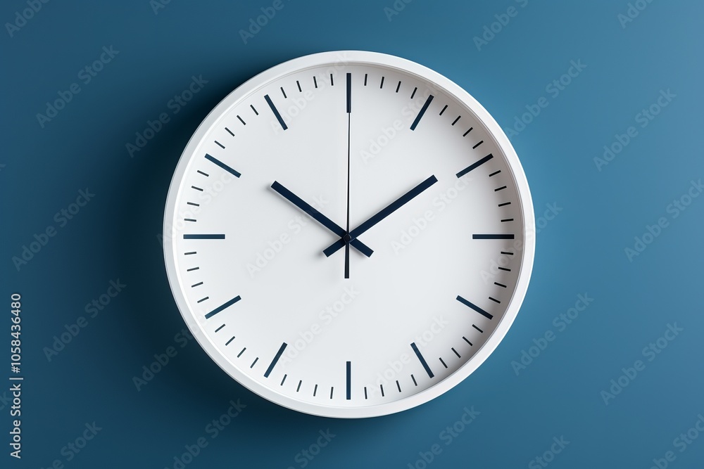 Modern minimalist wall clock with black hands and clear markers on a blue background Modern minimalist wall clock with black hands and clear markers on a blue background
