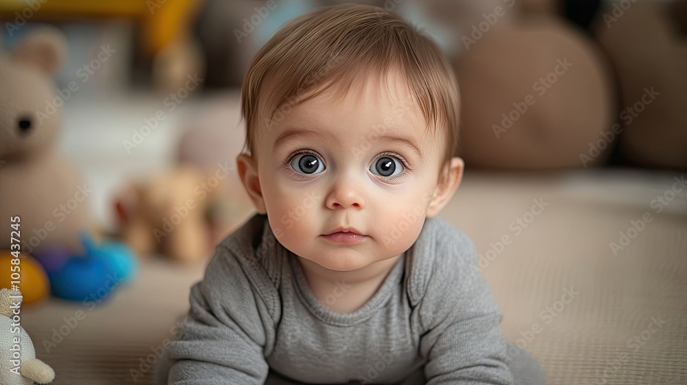 Portrait of a little toddler with wide eyes and gray attire, sitting on a mat surrounded by plush toys, gazing directly at the camera, with ample space for text and design elements. Portrait of a little toddler with wide eyes and gray attire, sitting on a mat surrounded by plush toys, gazing directly at the camera, with ample space for text and design elements.