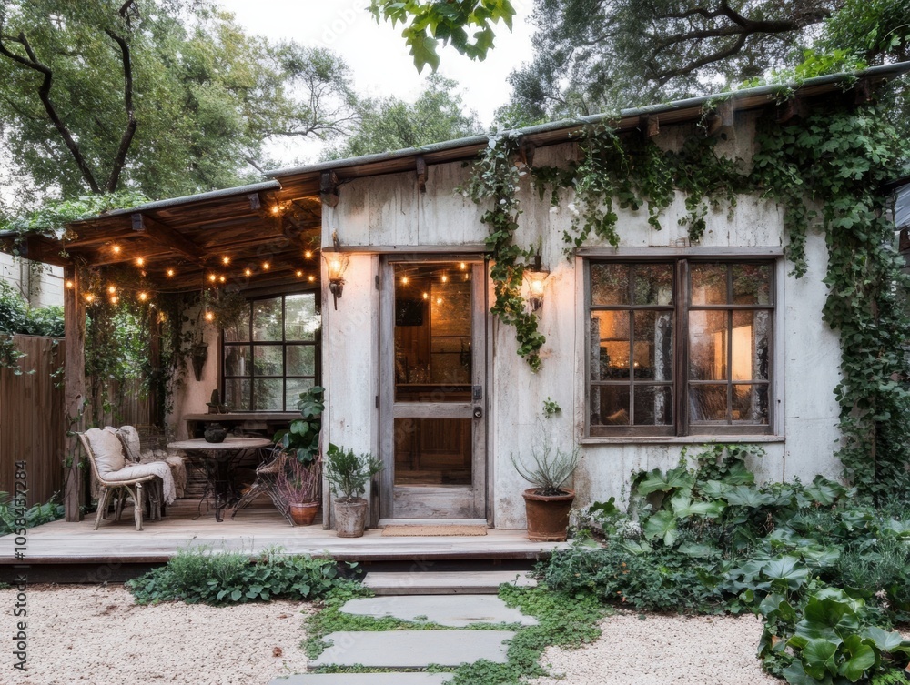 A small white house with a porch and a patio A small white house with a porch and a patio