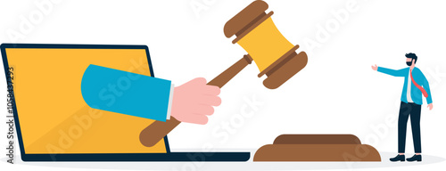 A human hand through the computer screen holds a wooden gavel. Modern technology, smart phone app and online auction flat concept illustration.
