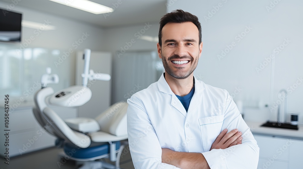 Smiling dentist in a modern clinic with dental chair and equipment in the background Smiling dentist in a modern clinic with dental chair and equipment in the background