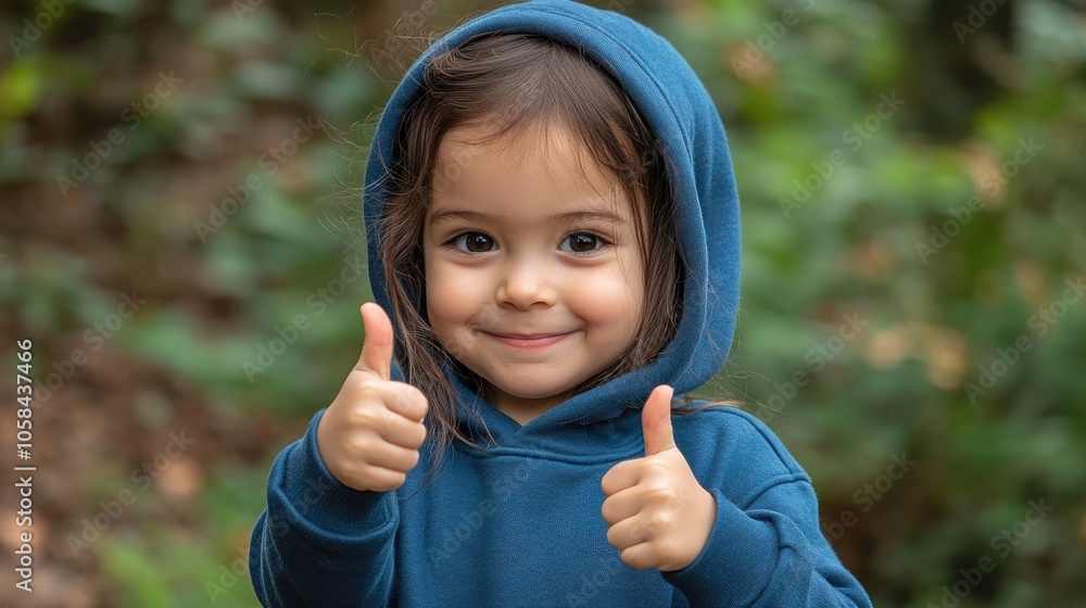 A charming little girl expresses her happiness with a confident two thumbs up gesture, dressed in a blue hoodie, accompanied by a photo style copy space ideal for captions. A charming little girl expresses her happiness with a confident two thumbs up gesture, dressed in a blue hoodie, accompanied by a photo style copy space ideal for captions.