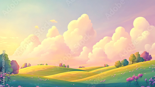 serene landscape with rolling hills, fluffy clouds, and vibrant flowers creates cheerful