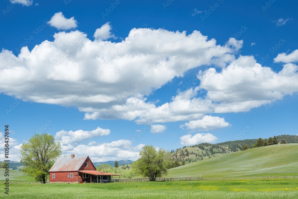 A peaceful countryside scene with a rustic farmhouse, rolling hills, and fluffy clouds drifting lazily across the sky, capturing the idyllic charm and simplicity of rural life in spring. A peaceful countryside scene with a rustic farmhouse, rolling hills, and fluffy clouds drifting lazily across the sky, capturing the idyllic charm and simplicity of rural life in spring.