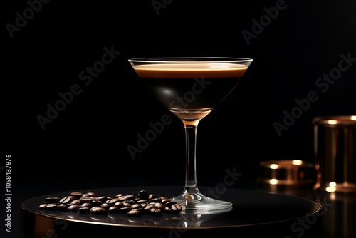 Elegant coffee cocktail served in a crystal glass on a dark tabletop with coffee beans nearby photo