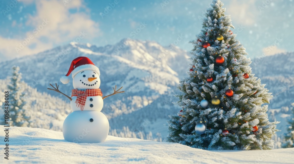 Obraz premium A happy snowman standing next to a large tree, with snow-covered hills in the background and space for text above.