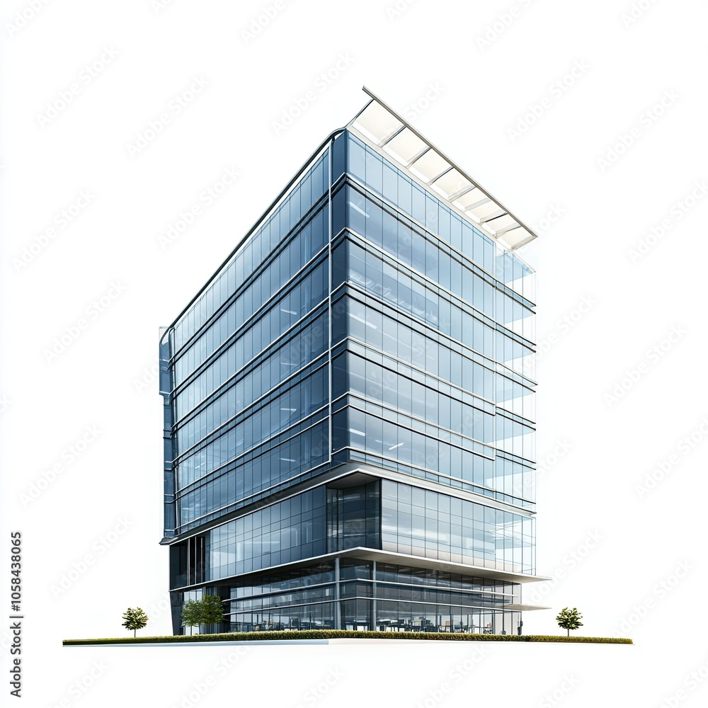 Fototapeta premium Modern office building or business center with glass windows, isolated on a white background. 