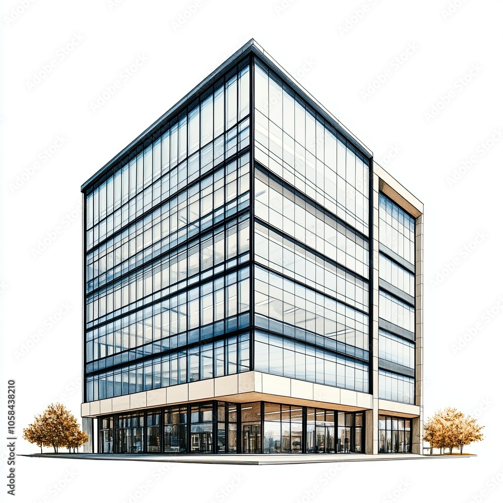 Modern office building or business center with glass windows, isolated on a white background. Modern office building or business center with glass windows, isolated on a white background.