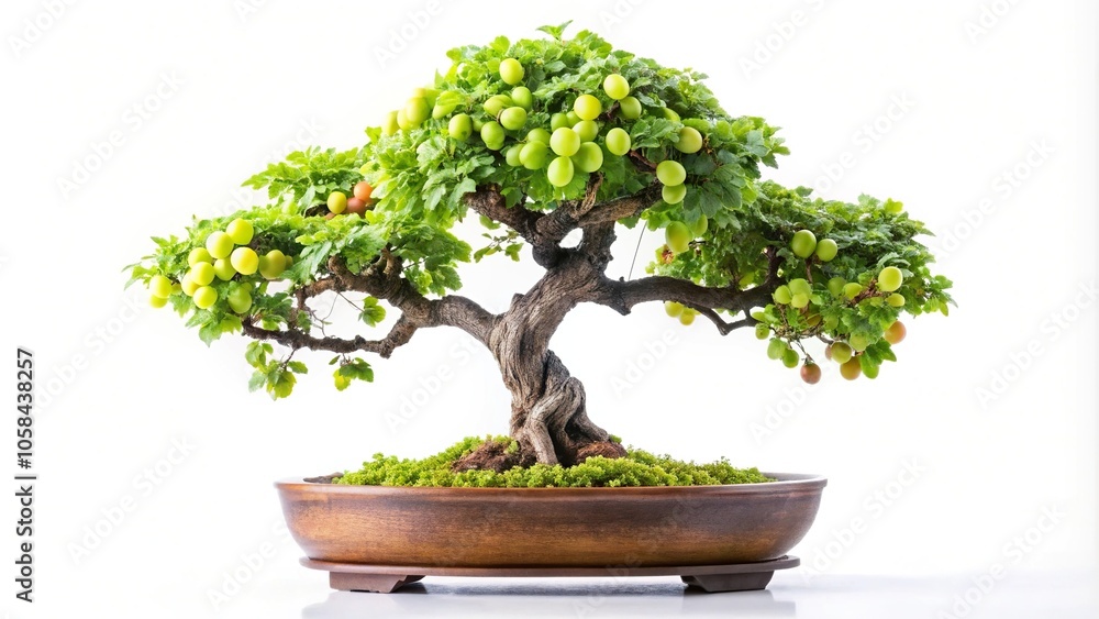 Handmade bonsai tree with apple lettuce leaves and grapes on white background Handmade bonsai tree with apple lettuce leaves and grapes on white background