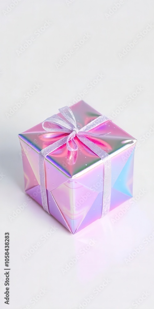 Obraz premium Small iridescent gift box with a pink ribbon on a white background