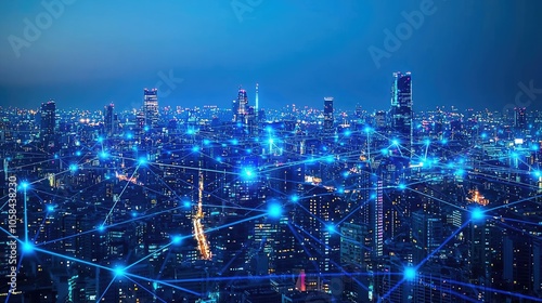 Aerial view of a smart city with connections, illuminated buildings against a night sky.