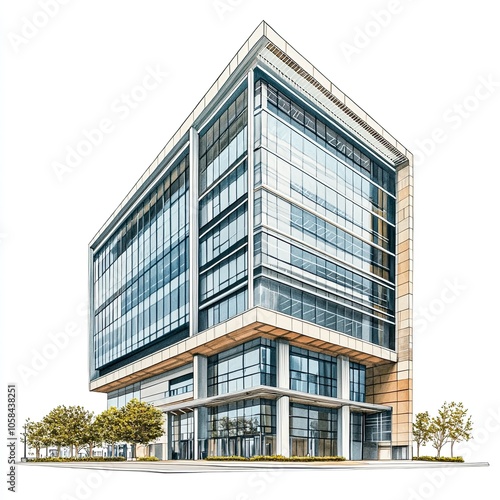 Modern office building or business center with glass windows, isolated on a white background. 