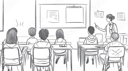 A classroom scene with students listening to a teacher presenting information.