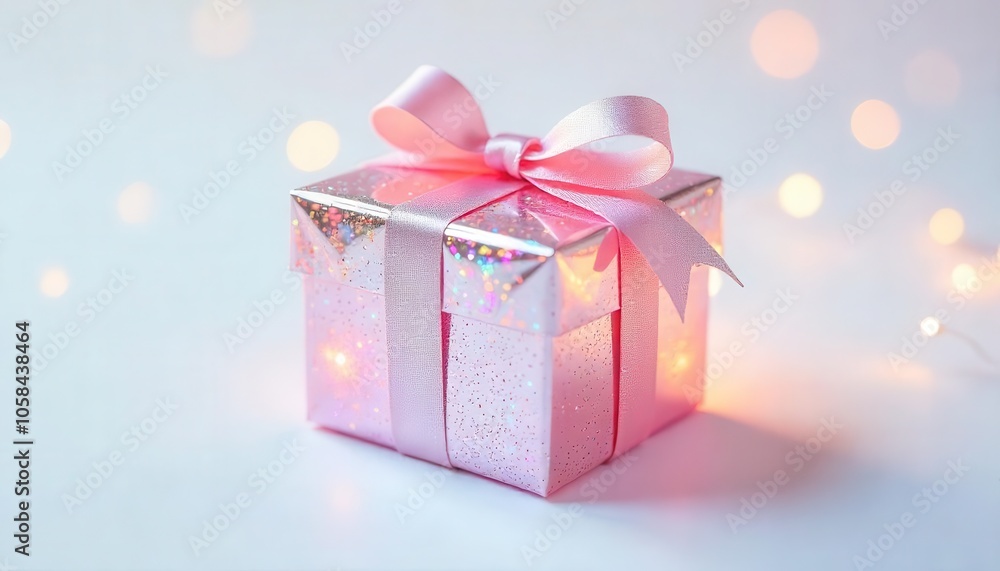 Pink gift box with a ribbon and scattered confetti in a soft, dreamy setting Pink gift box with a ribbon and scattered confetti in a soft, dreamy setting