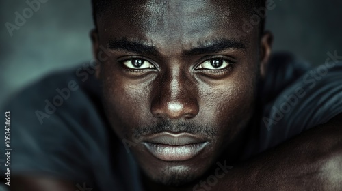 Close-up portrait of a black African man with a captivating expression, gazing directly at the camera, creating an engaging and powerful image with ample copy space.