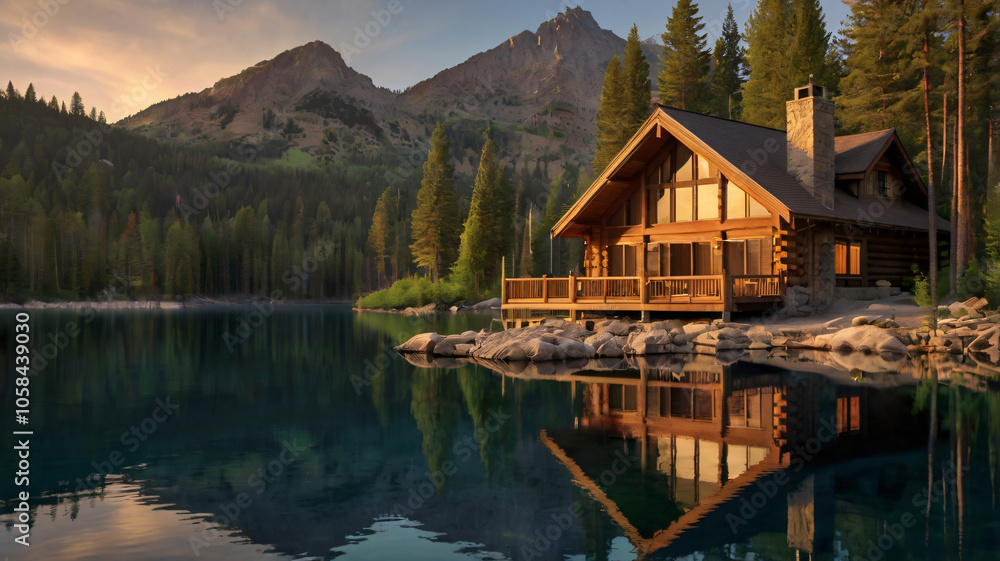 Mountain retreat cabin by lakeside surrounded by green trees Mountain retreat cabin by lakeside surrounded by green trees