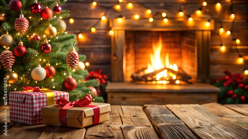a Christmas tree with a gift in front of a fireplace. a Christmas tree with a gift in front of a fireplace.