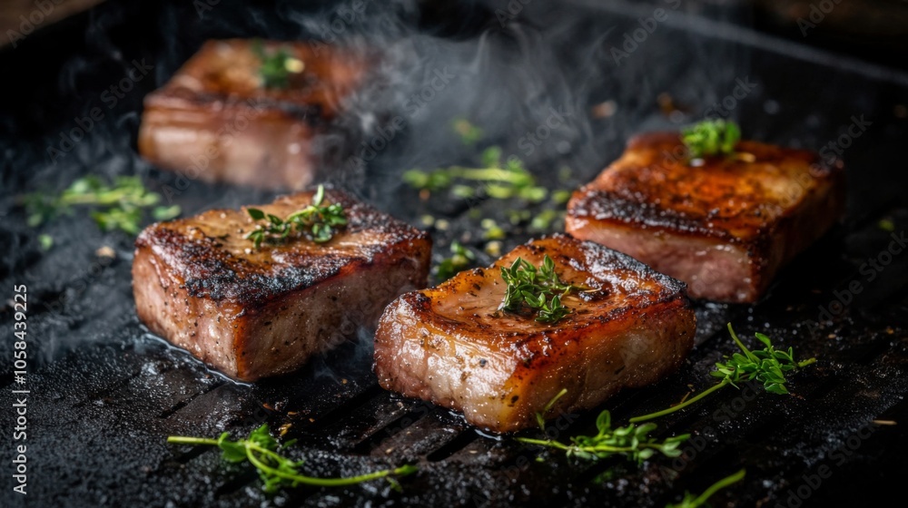 Delicious Grilled Meat with Fresh Herbs on Grill Delicious Grilled Meat with Fresh Herbs on Grill