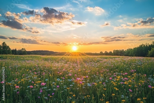 A vibrant sunset over a field of blooming wildflowers, with puffy white clouds creating a picturesque backdrop, capturing the serene beauty and tranquility of nature in the golden hour.