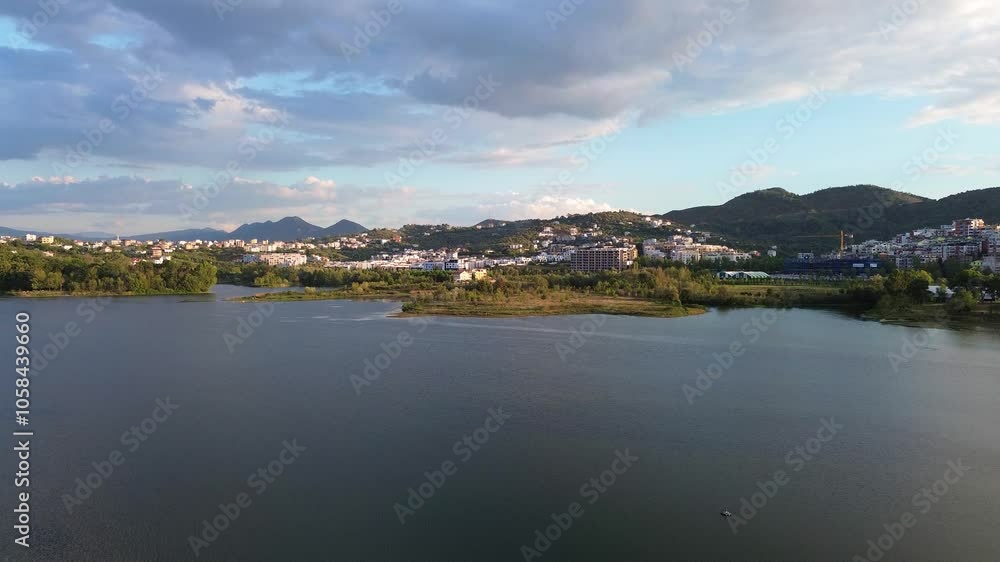 Tirana lake park capital city Albania, building skyline aerial drone Balkan country Tirana lake park capital city Albania, building skyline aerial drone Balkan country