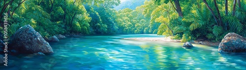 A serene river flowing through a lush green forest, reflecting the vibrant colors of nature under soft sunlight, creating a peaceful atmosphere.
