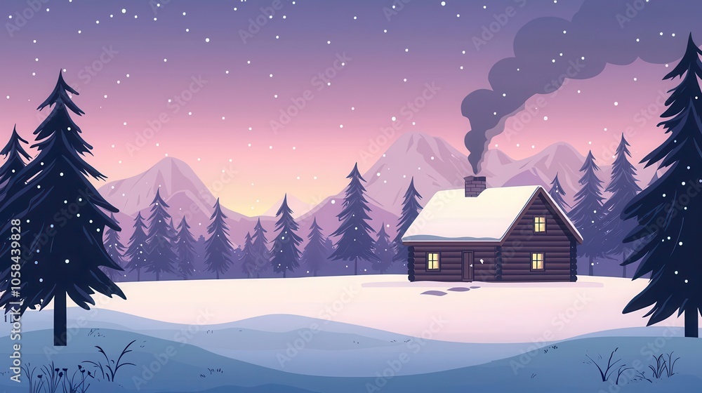 Cozy log cabin amidst snowy woods, smoke rising from chimney, winter refuge, remote adventure Cozy log cabin amidst snowy woods, smoke rising from chimney, winter refuge, remote adventure