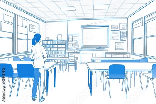 Minimalistic classroom scene with teacher in modern educational setting