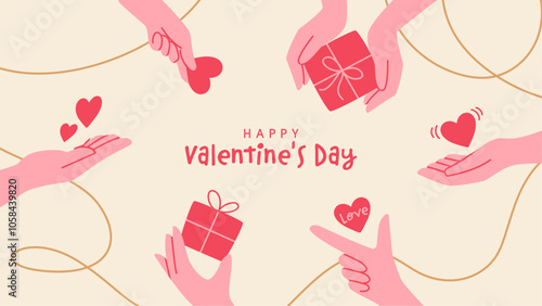 Valentine's Day: Hands giving a gift, illustration of love and gratitude