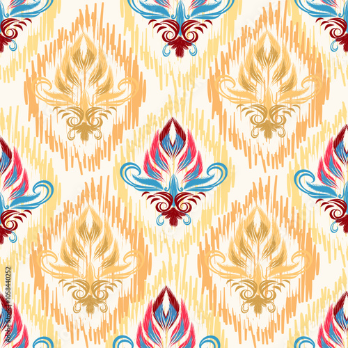 Ikat seamless floral pattern  , Motif ethnic  floral seamless textil,  embroidery, print striped ornament floral, pattern, design for wrapping, silk, scarf, background, textile